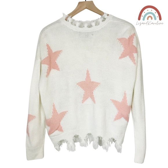 Oversized Soft Knit Chewed Hem Pink Stars V Neck Sweater - Picture 2 of 9